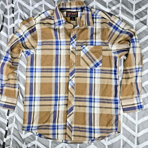 Blac Lacquer Men's L Long Sleeve Beige Brown Blue Plaid Check Button Up Shirt